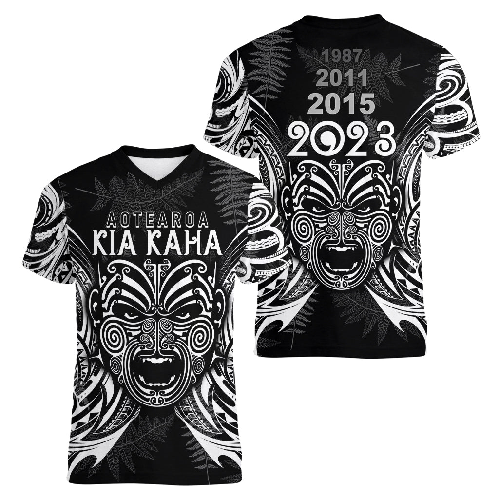 Custom New Zealand Rugby Women V Neck T Shirt 2023 World Cup Aotearoa Haka Face - Wonder Print Shop