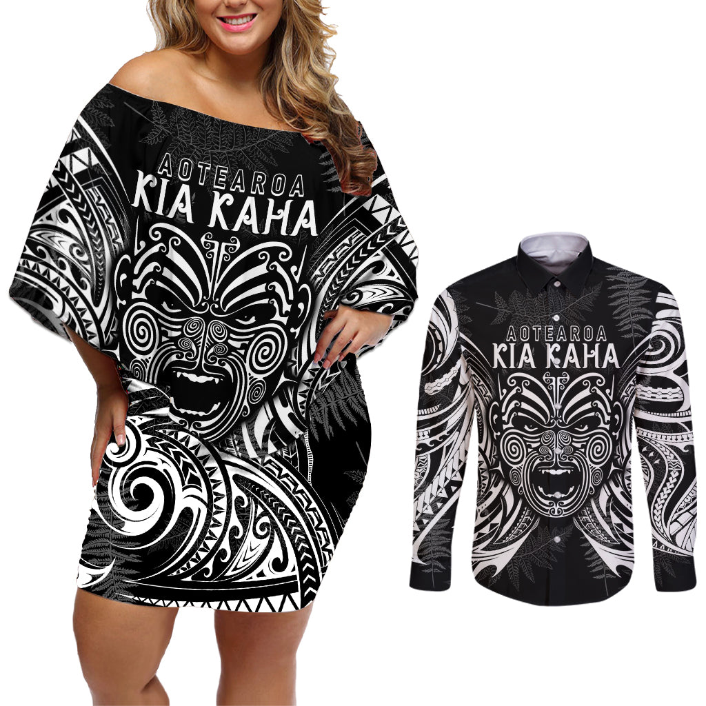 New Zealand Rugby Couples Matching Off Shoulder Short Dress and Long Sleeve Button Shirt 2023 World Cup Aotearoa Create History LT7 - Wonder Print Shop