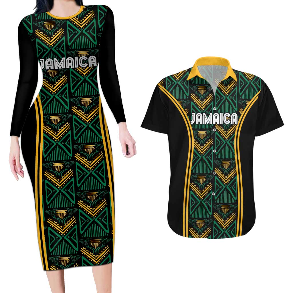 Jamaica Reggae Boyz Custom Couples Matching Long Sleeve Bodycon Dress and Hawaiian Shirt Ethnic Motifs LT7 - Wonder Print Shop