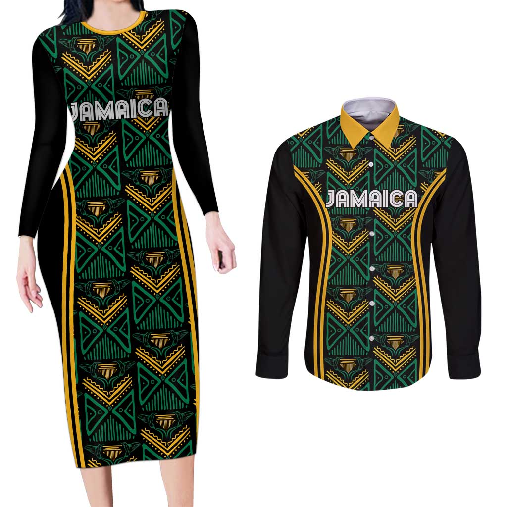Jamaica Reggae Boyz Custom Couples Matching Long Sleeve Bodycon Dress and Long Sleeve Button Shirt Ethnic Motifs LT7 - Wonder Print Shop