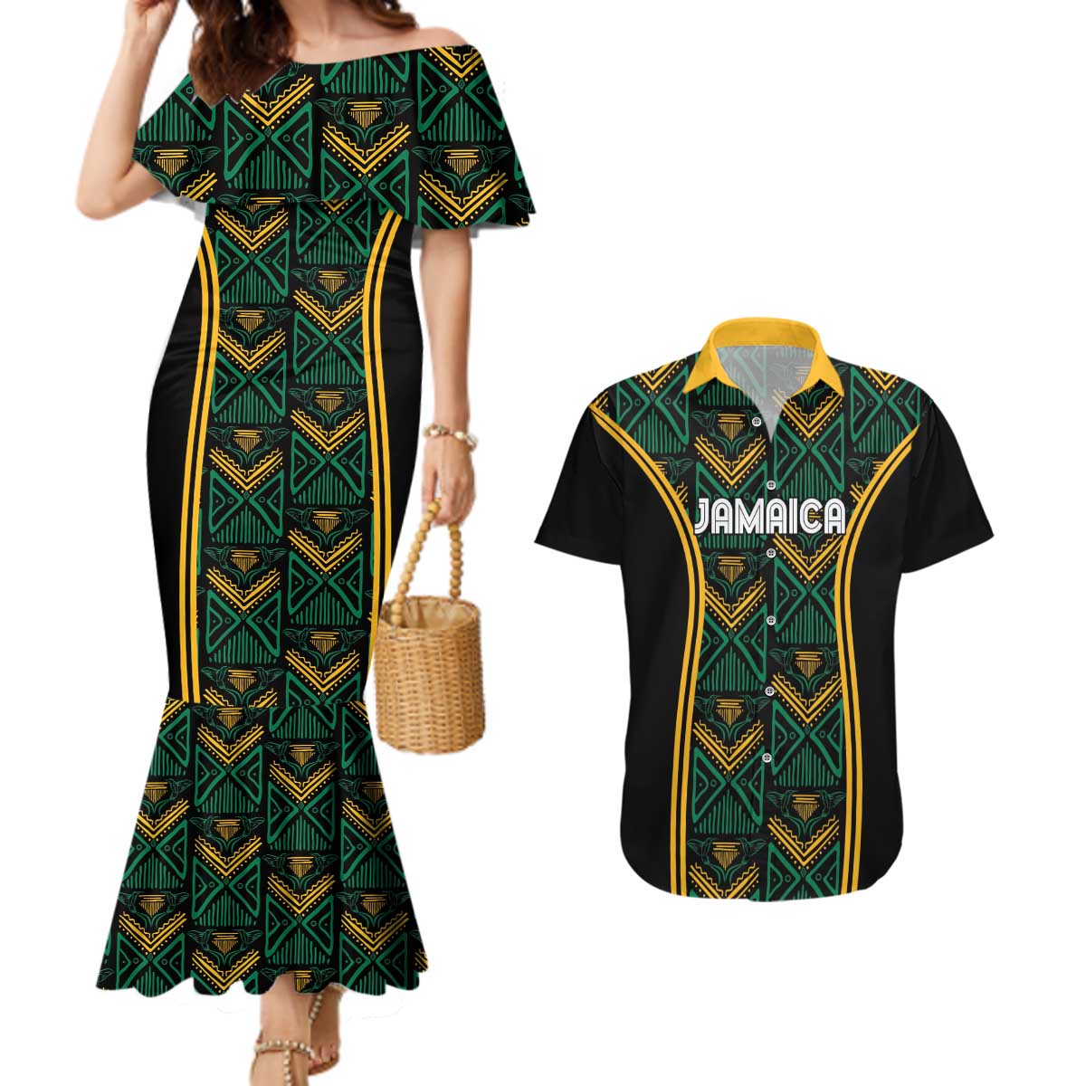 Jamaica Reggae Boyz Custom Couples Matching Mermaid Dress and Hawaiian Shirt Ethnic Motifs LT7 - Wonder Print Shop