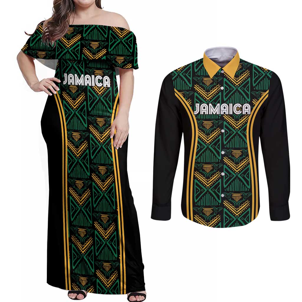 Jamaica Reggae Boyz Custom Couples Matching Off Shoulder Maxi Dress and Long Sleeve Button Shirt Ethnic Motifs LT7 - Wonder Print Shop