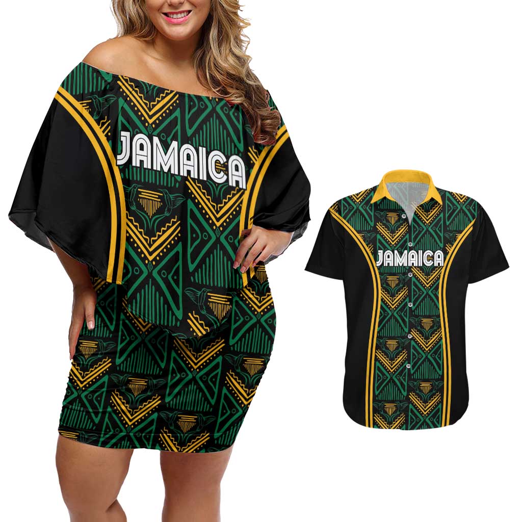 Jamaica Reggae Boyz Custom Couples Matching Off Shoulder Short Dress and Hawaiian Shirt Ethnic Motifs LT7 - Wonder Print Shop