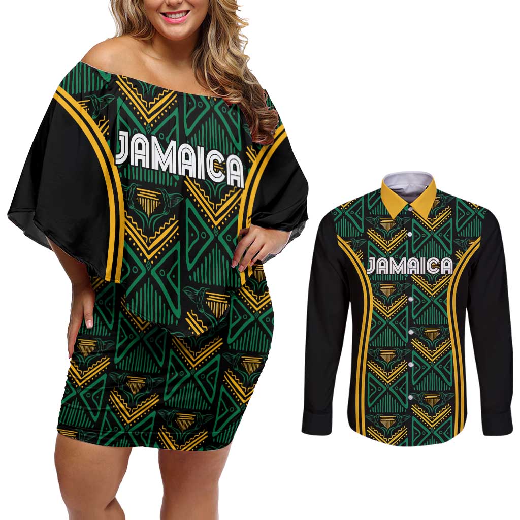 Jamaica Reggae Boyz Custom Couples Matching Off Shoulder Short Dress and Long Sleeve Button Shirt Ethnic Motifs LT7 - Wonder Print Shop