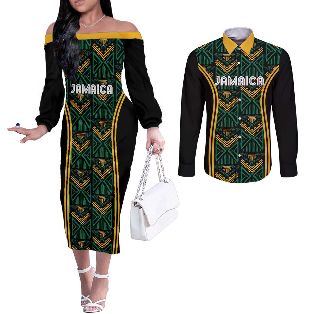 Jamaica Reggae Boyz Custom Couples Matching Off The Shoulder Long Sleeve Dress and Long Sleeve Button Shirt Ethnic Motifs