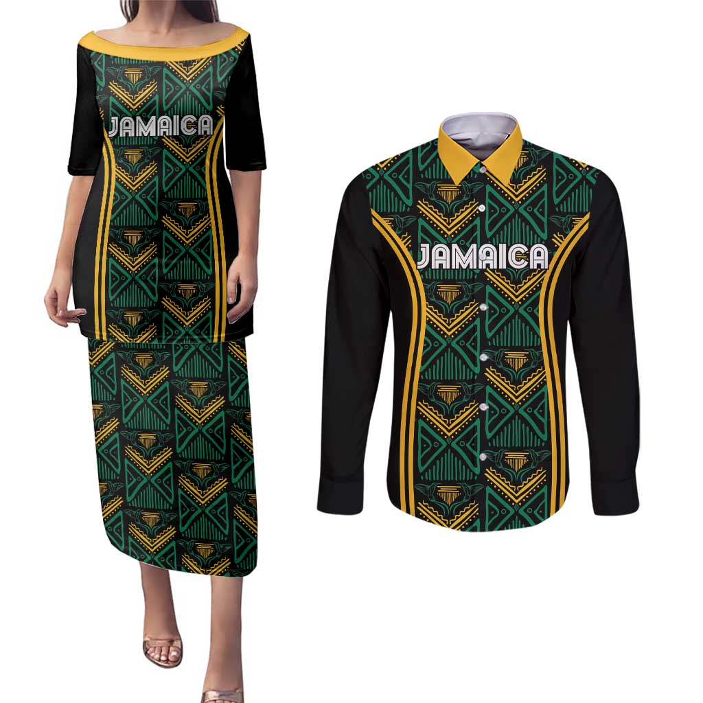Jamaica Reggae Boyz Custom Couples Matching Puletasi and Long Sleeve Button Shirt Ethnic Motifs LT7 - Wonder Print Shop