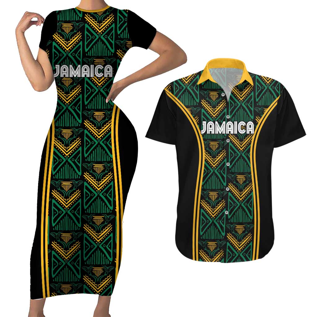 Jamaica Reggae Boyz Custom Couples Matching Short Sleeve Bodycon Dress and Hawaiian Shirt Ethnic Motifs LT7 - Wonder Print Shop