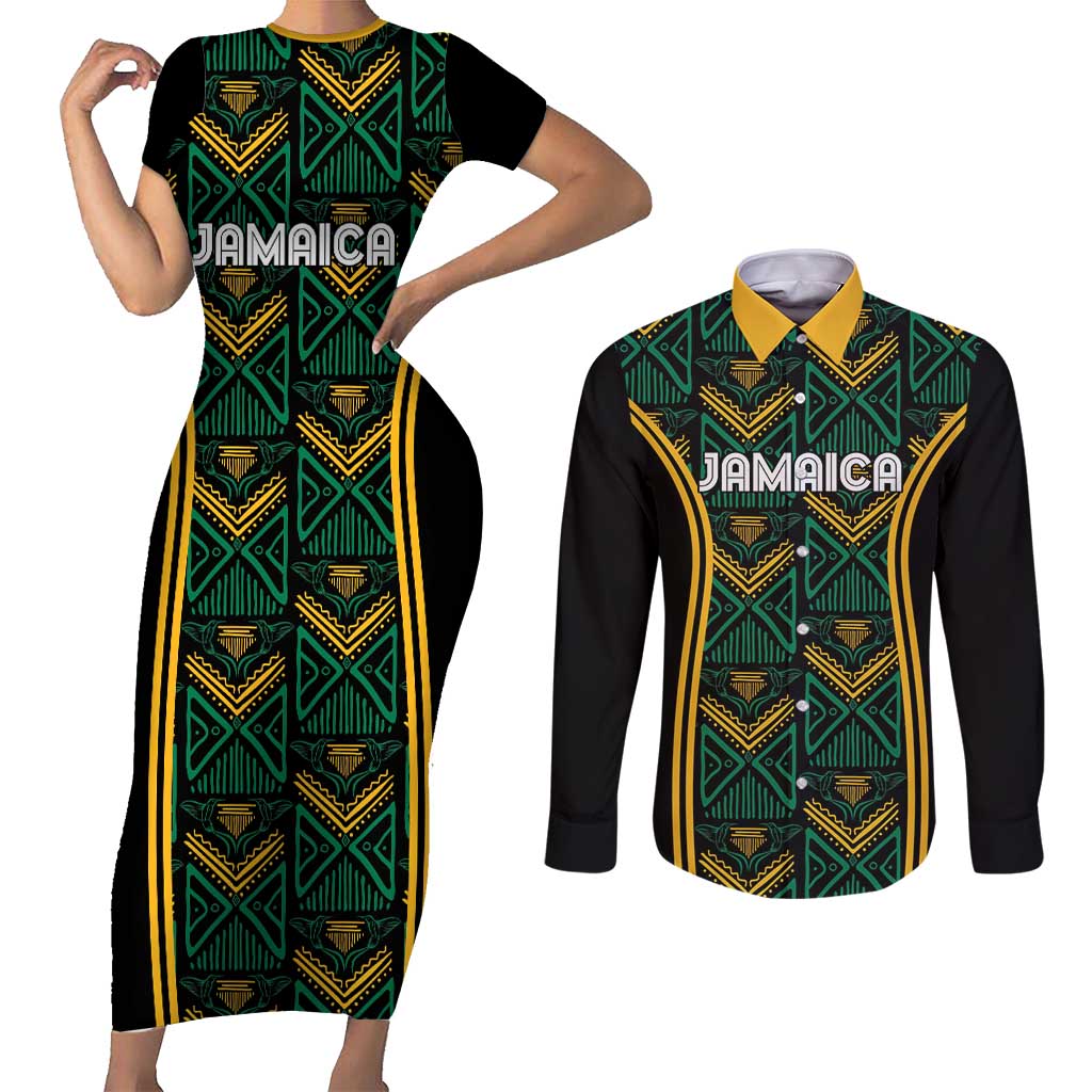 Jamaica Reggae Boyz Custom Couples Matching Short Sleeve Bodycon Dress and Long Sleeve Button Shirt Ethnic Motifs LT7 - Wonder Print Shop