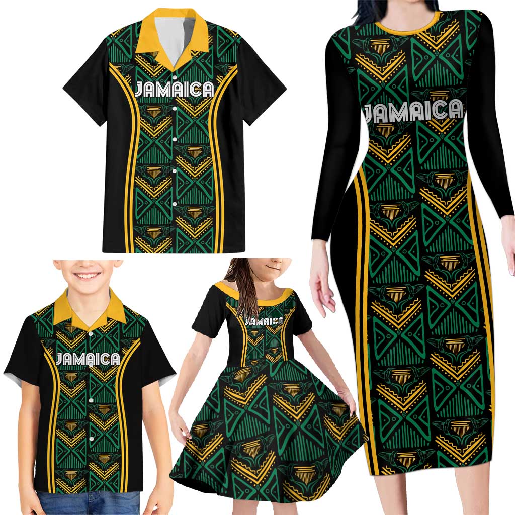 Jamaica Reggae Boyz Custom Family Matching Long Sleeve Bodycon Dress and Hawaiian Shirt Ethnic Motifs LT7 - Wonder Print Shop