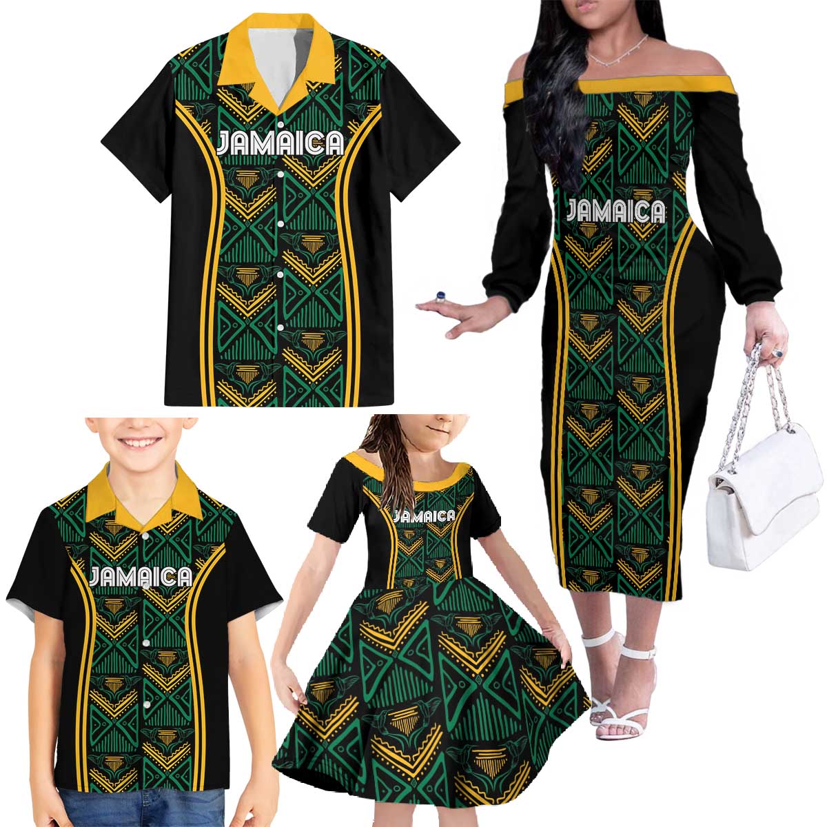 Jamaica Reggae Boyz Custom Family Matching Off The Shoulder Long Sleeve Dress and Hawaiian Shirt Ethnic Motifs - Wonder Print Shop