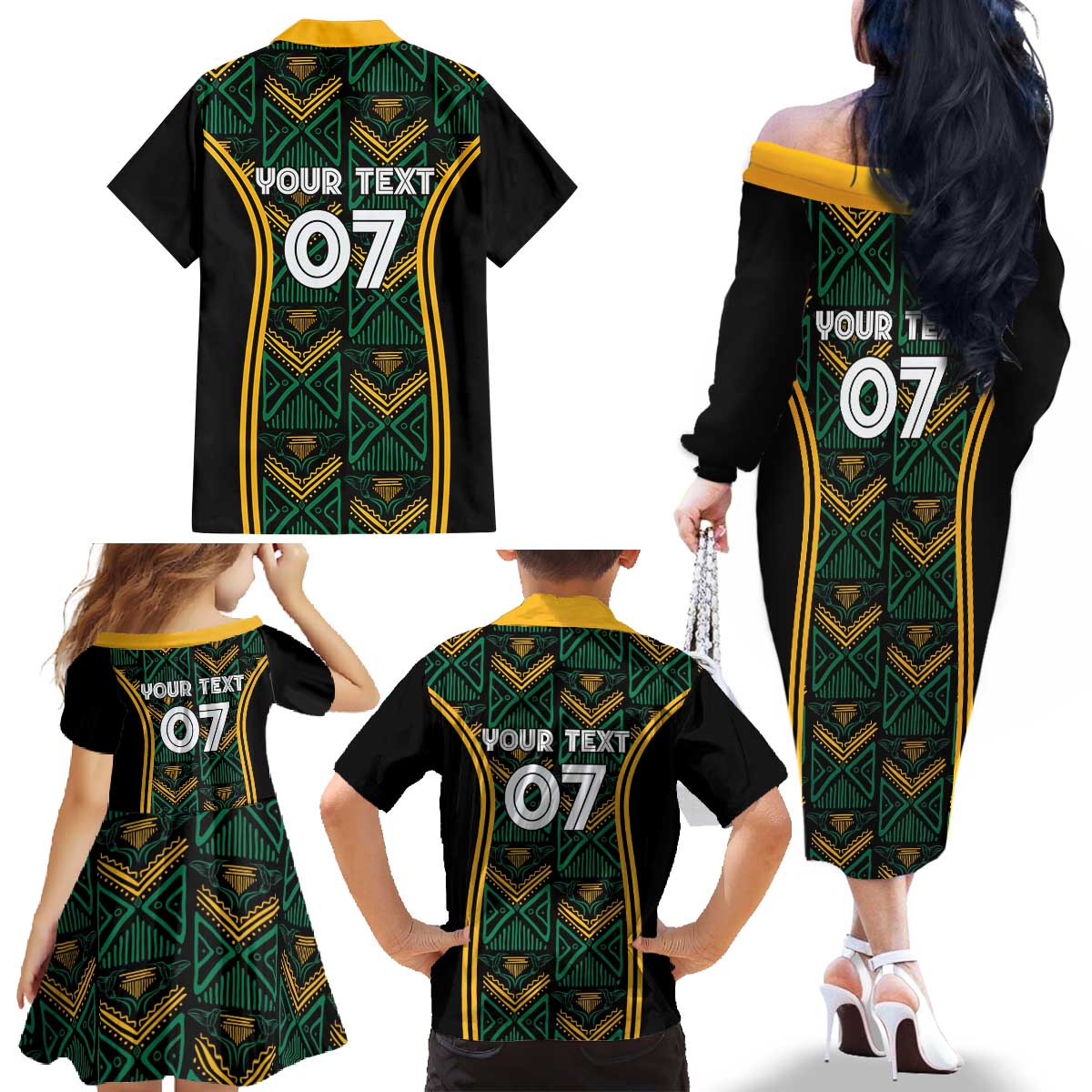 Jamaica Reggae Boyz Custom Family Matching Off The Shoulder Long Sleeve Dress and Hawaiian Shirt Ethnic Motifs - Wonder Print Shop
