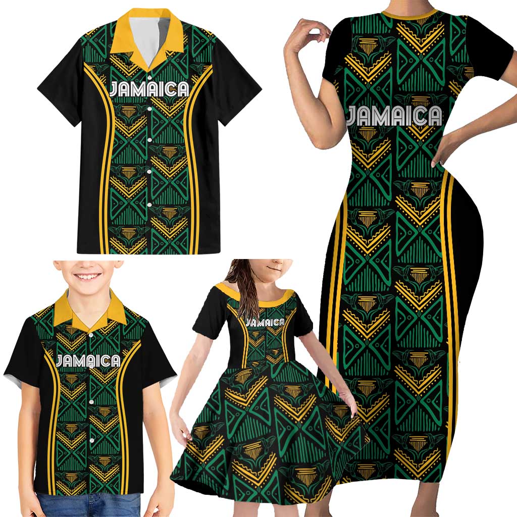 Jamaica Reggae Boyz Custom Family Matching Short Sleeve Bodycon Dress and Hawaiian Shirt Ethnic Motifs - Wonder Print Shop