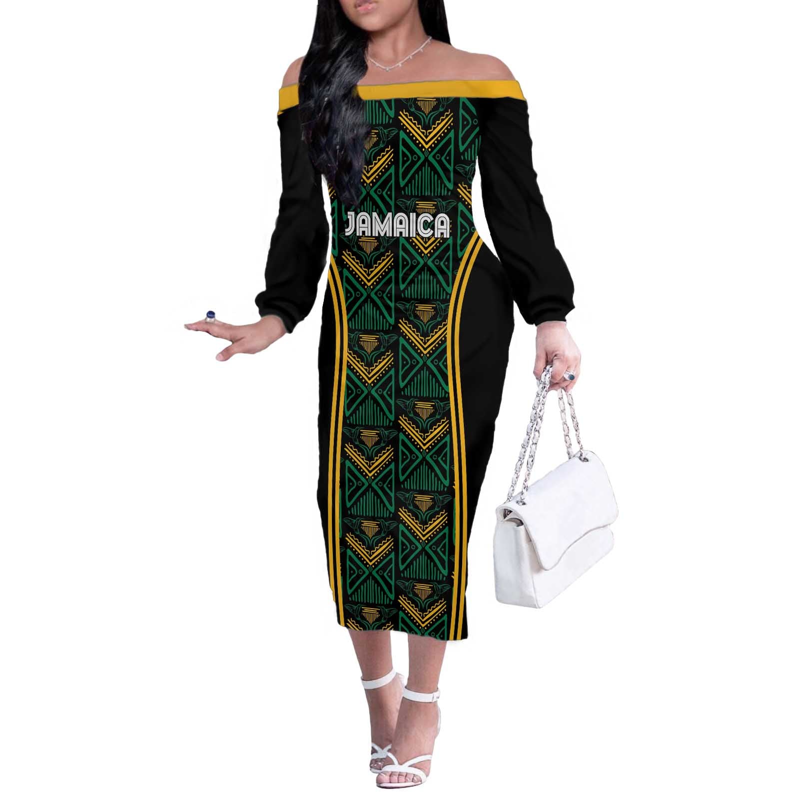Jamaica Reggae Boyz Custom Off The Shoulder Long Sleeve Dress Ethnic Motifs - Wonder Print Shop