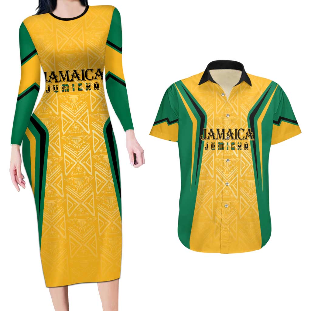 Jamaica Custom Couples Matching Long Sleeve Bodycon Dress and Hawaiian Shirt Ethnic Motifs - Gold Accents LT7 - Wonder Print Shop