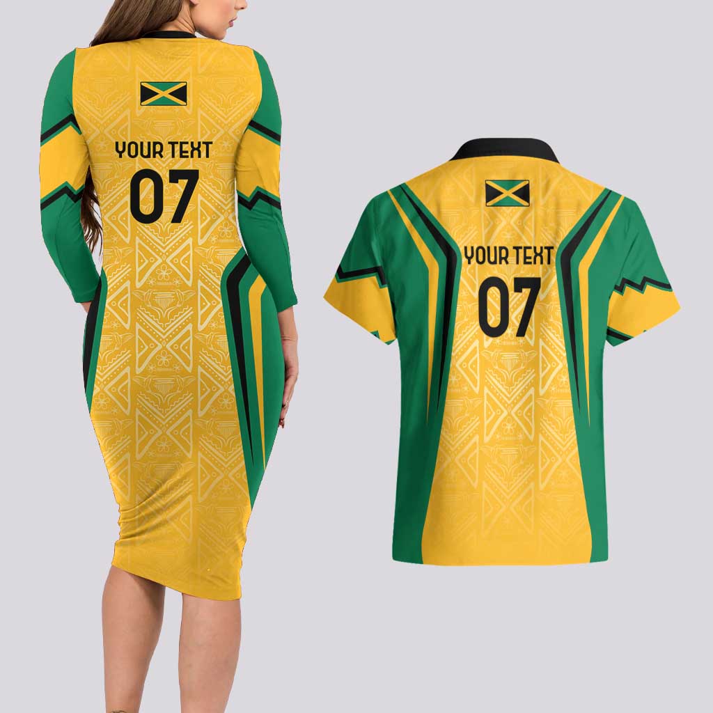 Jamaica Custom Couples Matching Long Sleeve Bodycon Dress and Hawaiian Shirt Ethnic Motifs - Gold Accents LT7 - Wonder Print Shop