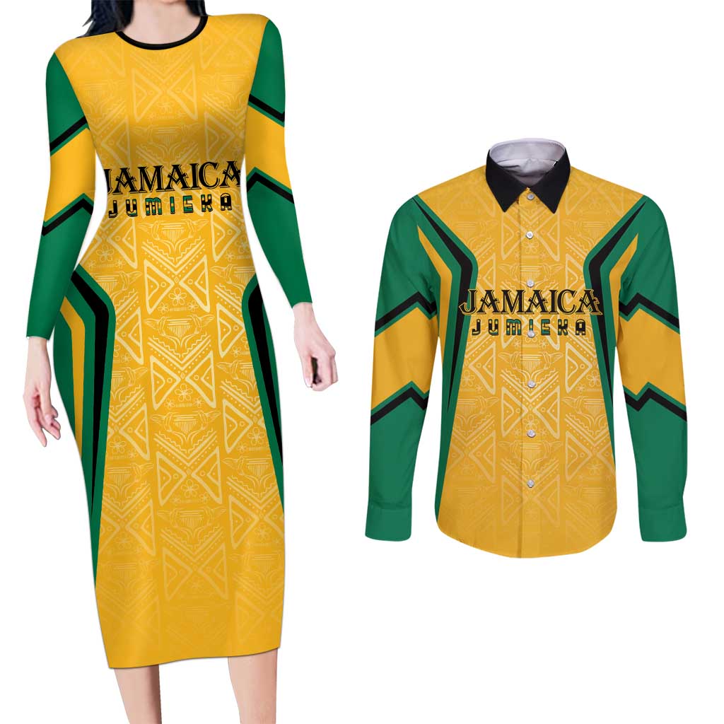 Jamaica Custom Couples Matching Long Sleeve Bodycon Dress and Long Sleeve Button Shirt Ethnic Motifs - Gold Accents LT7 - Wonder Print Shop