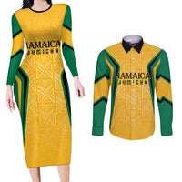 Jamaica Custom Couples Matching Long Sleeve Bodycon Dress and Long Sleeve Button Shirt Ethnic Motifs - Gold Accents LT7 - Wonder Print Shop