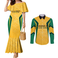 Jamaica Custom Couples Matching Mermaid Dress and Long Sleeve Button Shirt Ethnic Motifs - Gold Accents