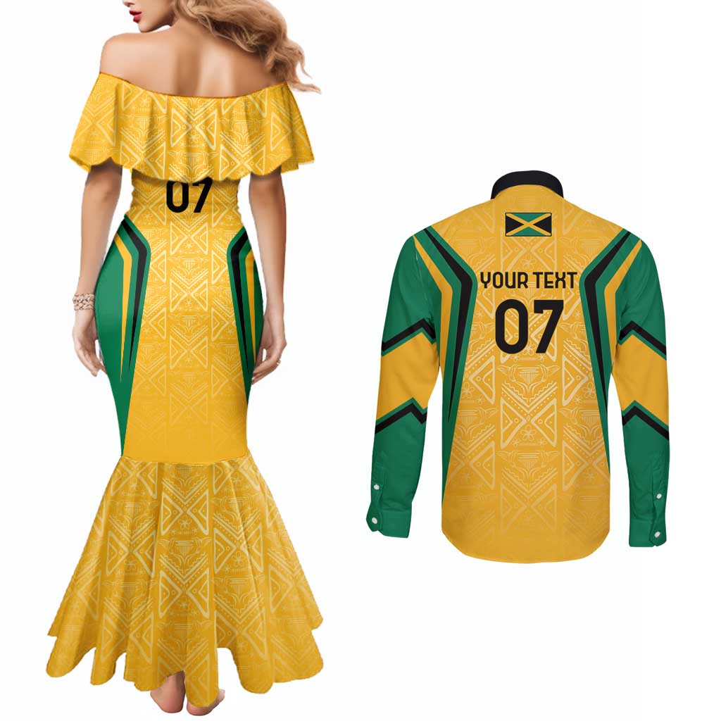 Jamaica Custom Couples Matching Mermaid Dress and Long Sleeve Button Shirt Ethnic Motifs - Gold Accents
