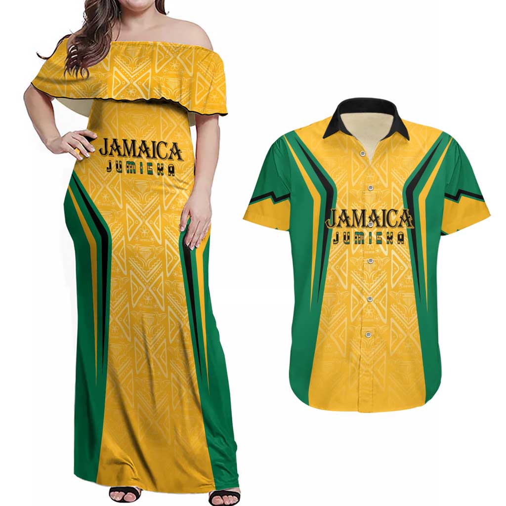 Jamaica Custom Couples Matching Off Shoulder Maxi Dress and Hawaiian Shirt Ethnic Motifs - Gold Accents LT7 - Wonder Print Shop