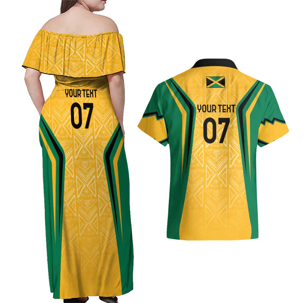 Jamaica Custom Couples Matching Off Shoulder Maxi Dress and Hawaiian Shirt Ethnic Motifs - Gold Accents LT7 - Wonder Print Shop