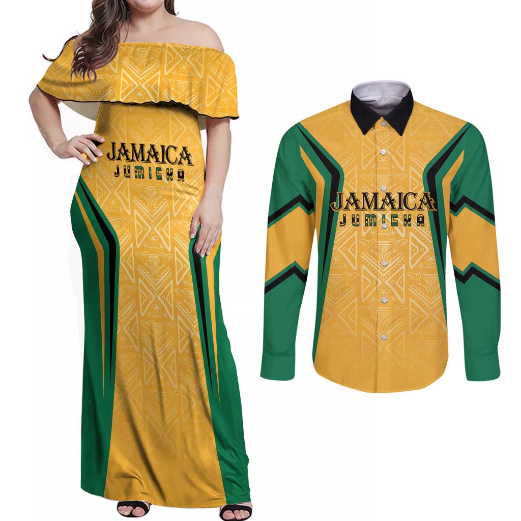 Jamaica Custom Couples Matching Off Shoulder Maxi Dress and Long Sleeve Button Shirt Ethnic Motifs - Gold Accents LT7 - Wonder Print Shop