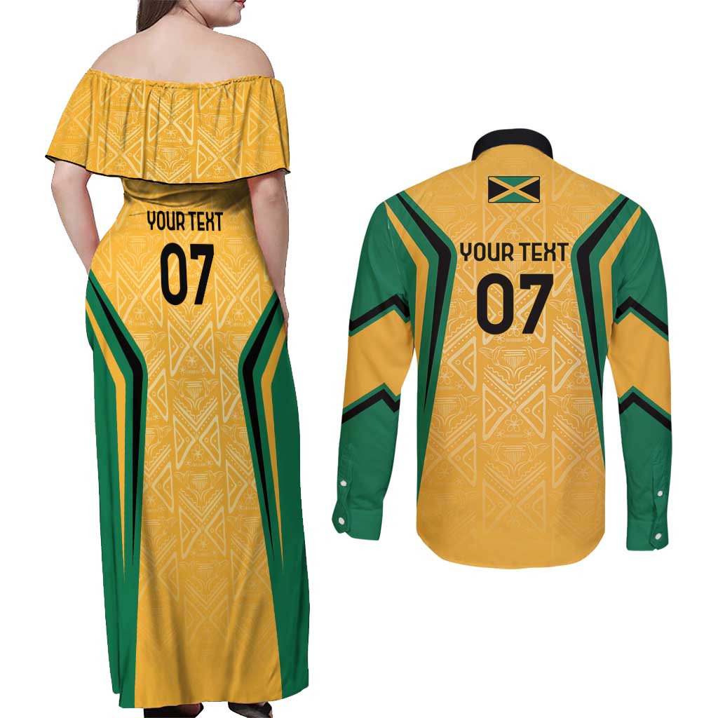 Jamaica Custom Couples Matching Off Shoulder Maxi Dress and Long Sleeve Button Shirt Ethnic Motifs - Gold Accents LT7 - Wonder Print Shop