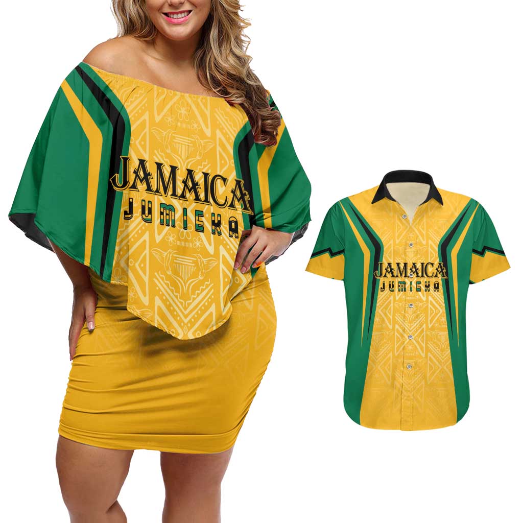 Jamaica Custom Couples Matching Off Shoulder Short Dress and Hawaiian Shirt Ethnic Motifs - Gold Accents LT7 - Wonder Print Shop