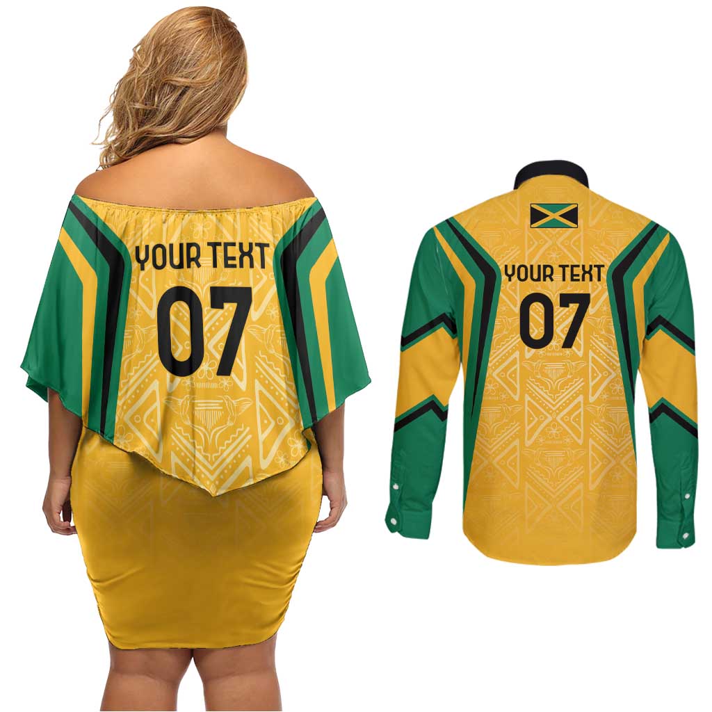 Jamaica Custom Couples Matching Off Shoulder Short Dress and Long Sleeve Button Shirt Ethnic Motifs - Gold Accents LT7 - Wonder Print Shop