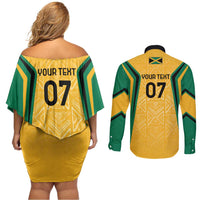 Jamaica Custom Couples Matching Off Shoulder Short Dress and Long Sleeve Button Shirt Ethnic Motifs - Gold Accents LT7 - Wonder Print Shop