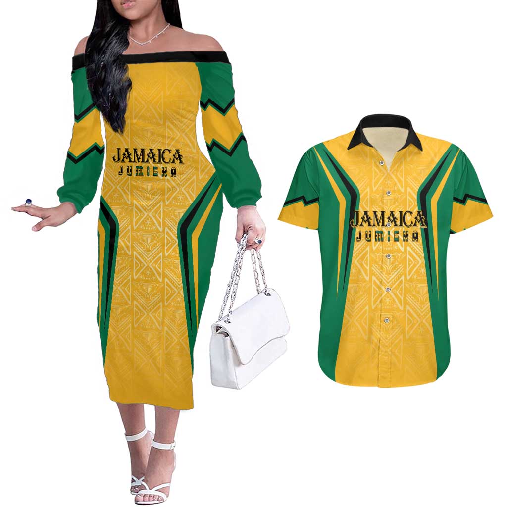 Jamaica Custom Couples Matching Off The Shoulder Long Sleeve Dress and Hawaiian Shirt Ethnic Motifs - Gold Accents LT7 - Wonder Print Shop