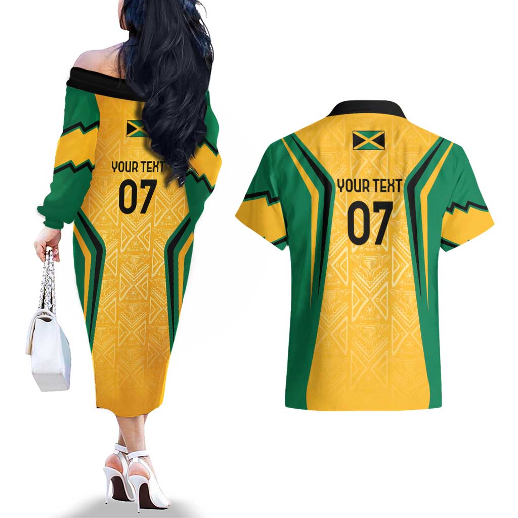 Jamaica Custom Couples Matching Off The Shoulder Long Sleeve Dress and Hawaiian Shirt Ethnic Motifs - Gold Accents LT7 - Wonder Print Shop