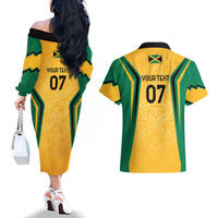 Jamaica Custom Couples Matching Off The Shoulder Long Sleeve Dress and Hawaiian Shirt Ethnic Motifs - Gold Accents LT7 - Wonder Print Shop