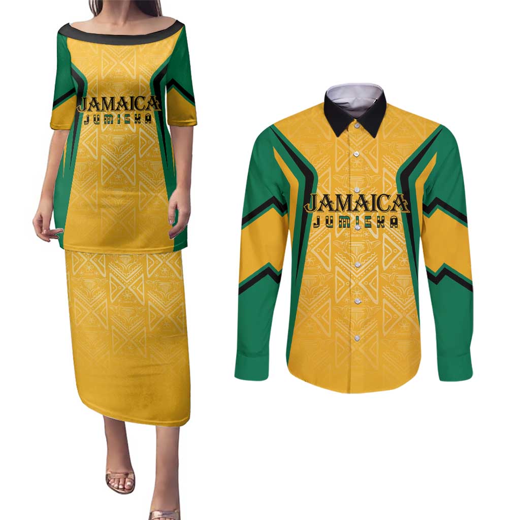 Jamaica Custom Couples Matching Puletasi and Long Sleeve Button Shirt Ethnic Motifs - Gold Accents LT7 - Wonder Print Shop