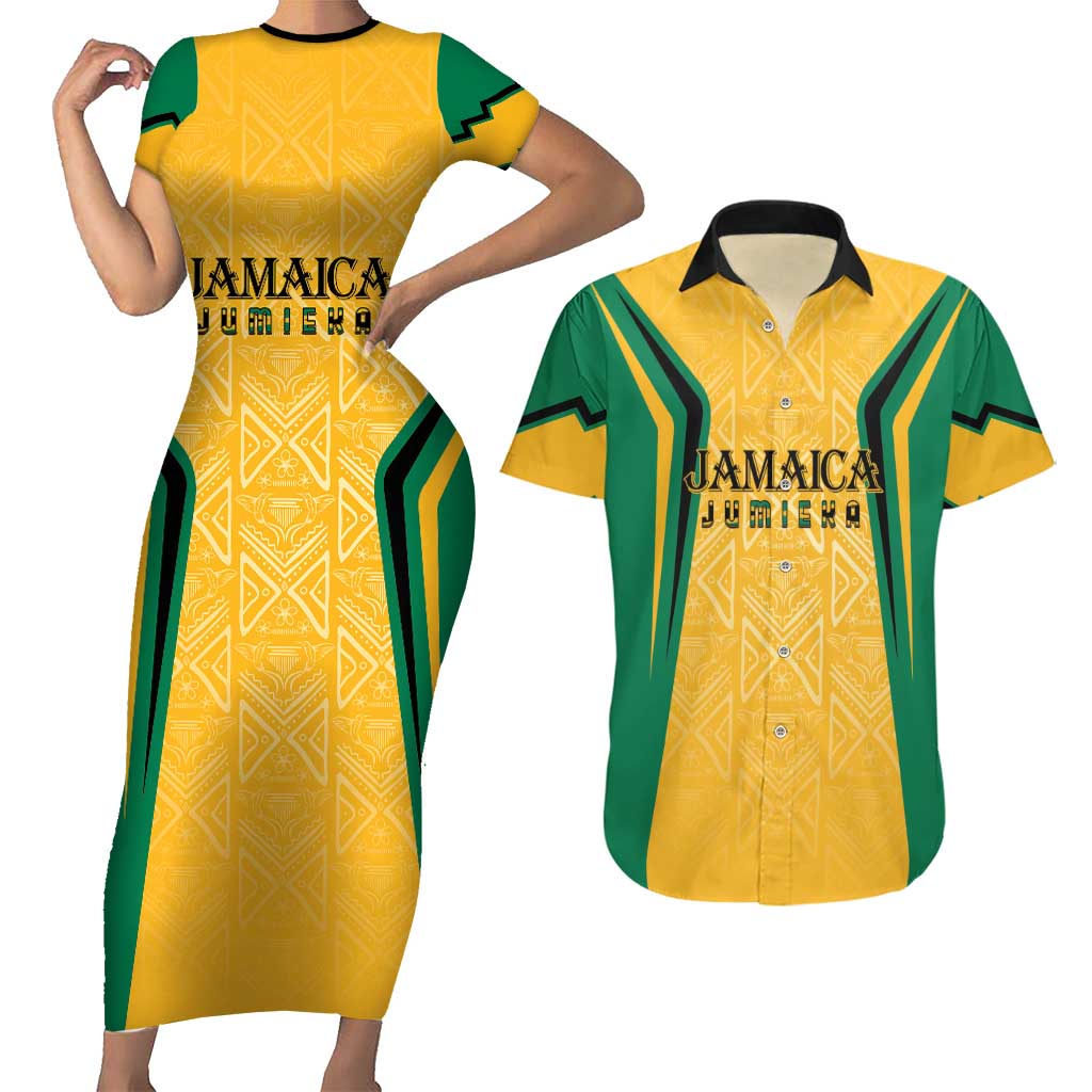 Jamaica Custom Couples Matching Short Sleeve Bodycon Dress and Hawaiian Shirt Ethnic Motifs - Gold Accents LT7 - Wonder Print Shop