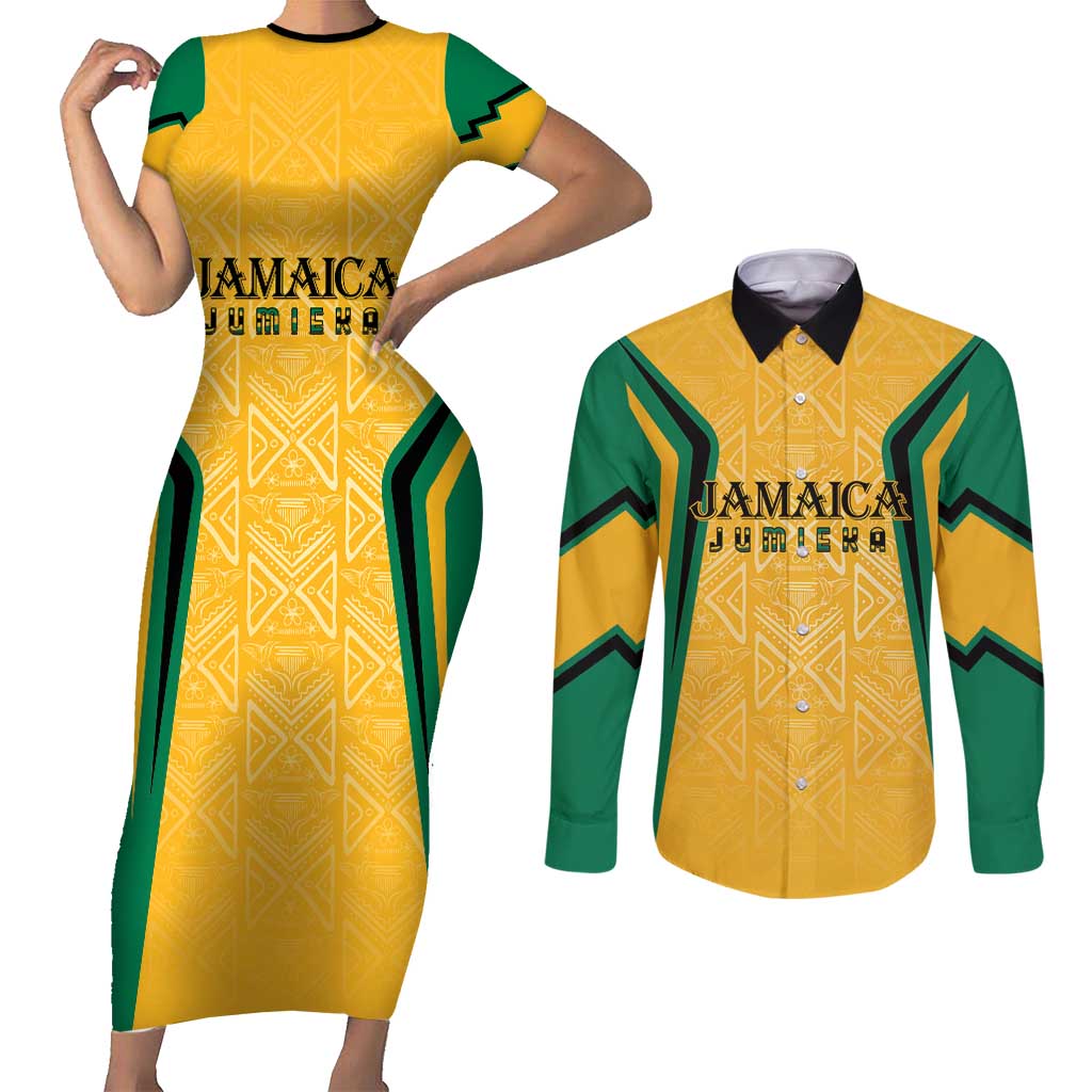 Jamaica Custom Couples Matching Short Sleeve Bodycon Dress and Long Sleeve Button Shirt Ethnic Motifs - Gold Accents LT7 - Wonder Print Shop