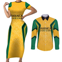 Jamaica Custom Couples Matching Short Sleeve Bodycon Dress and Long Sleeve Button Shirt Ethnic Motifs - Gold Accents LT7 - Wonder Print Shop