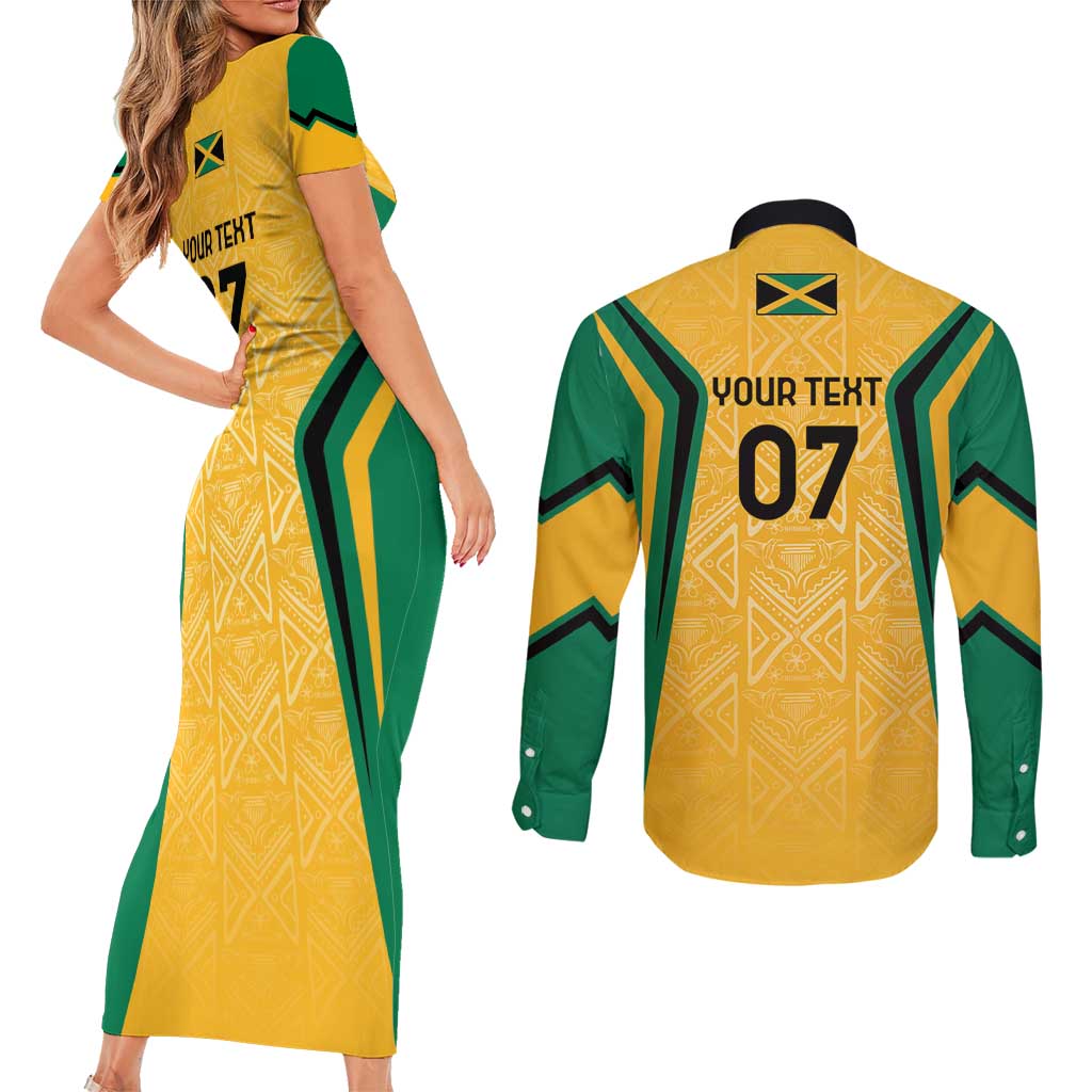 Jamaica Custom Couples Matching Short Sleeve Bodycon Dress and Long Sleeve Button Shirt Ethnic Motifs - Gold Accents LT7 - Wonder Print Shop