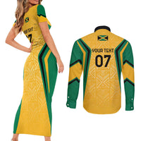 Jamaica Custom Couples Matching Short Sleeve Bodycon Dress and Long Sleeve Button Shirt Ethnic Motifs - Gold Accents LT7 - Wonder Print Shop