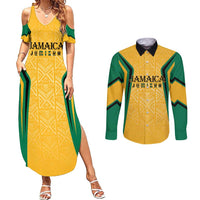 Jamaica Custom Couples Matching Summer Maxi Dress and Long Sleeve Button Shirt Ethnic Motifs - Gold Accents LT7 - Wonder Print Shop