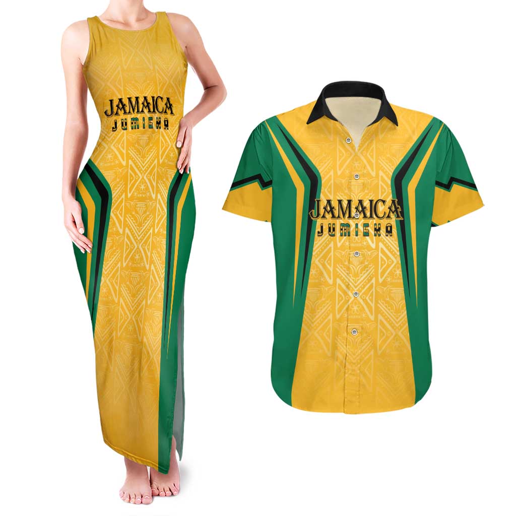 Jamaica Custom Couples Matching Tank Maxi Dress and Hawaiian Shirt Ethnic Motifs - Gold Accents LT7 - Wonder Print Shop