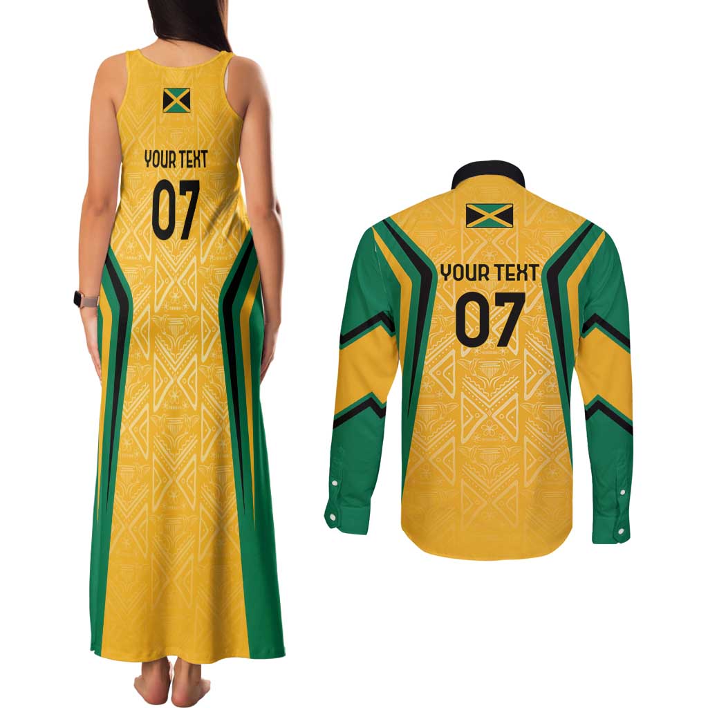 Jamaica Custom Couples Matching Tank Maxi Dress and Long Sleeve Button Shirt Ethnic Motifs - Gold Accents LT7 - Wonder Print Shop