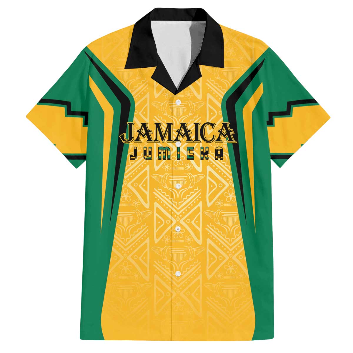 Jamaica Custom Family Matching Off The Shoulder Long Sleeve Dress and Hawaiian Shirt Ethnic Motifs - Gold Accents - Wonder Print Shop