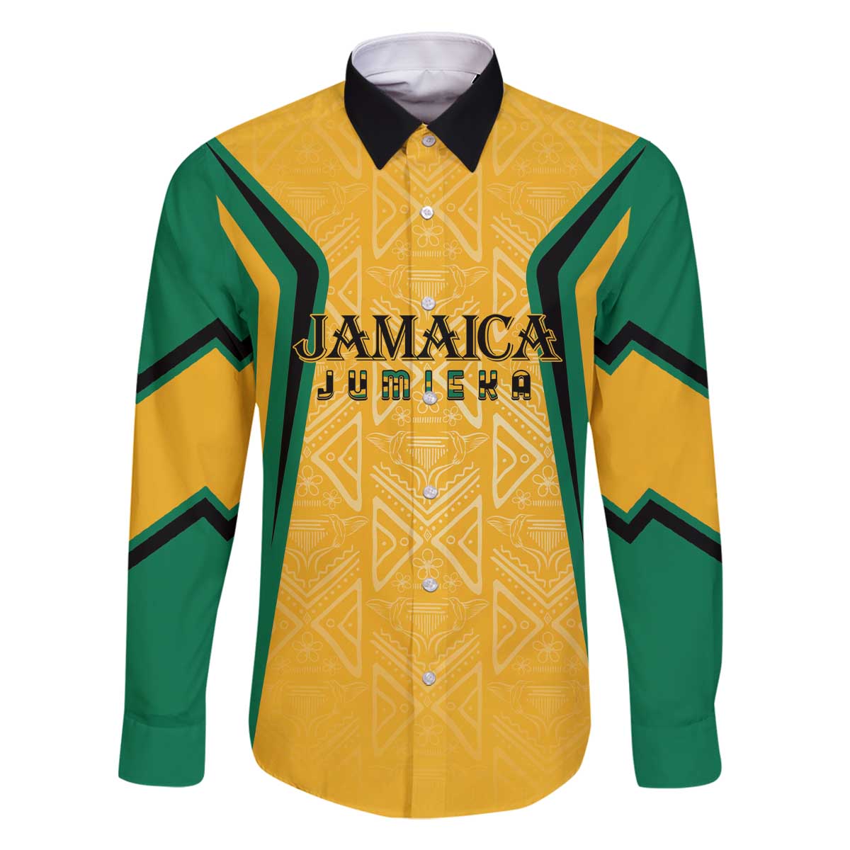 Jamaica Custom Family Matching Off The Shoulder Long Sleeve Dress and Hawaiian Shirt Ethnic Motifs - Gold Accents - Wonder Print Shop