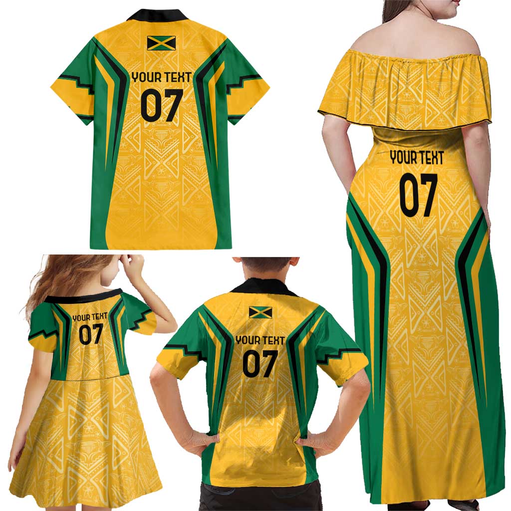 Jamaica Custom Family Matching Off Shoulder Maxi Dress and Hawaiian Shirt Ethnic Motifs - Gold Accents LT7 - Wonder Print Shop