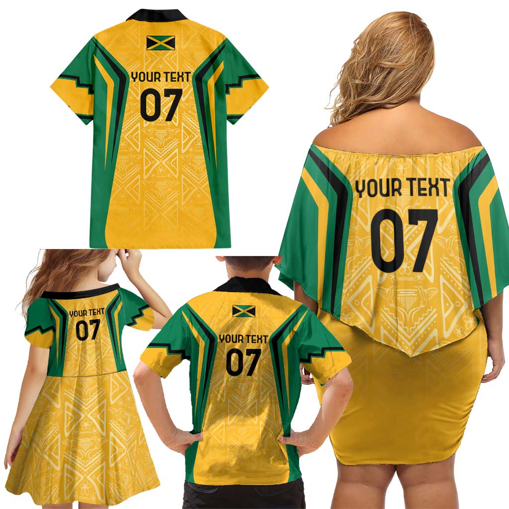 Jamaica Custom Family Matching Off Shoulder Short Dress and Hawaiian Shirt Ethnic Motifs - Gold Accents LT7 - Wonder Print Shop