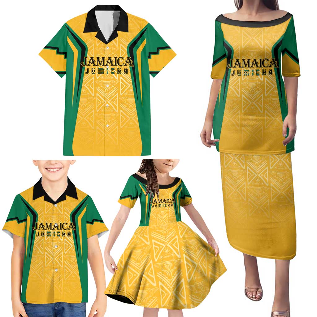 Jamaica Custom Family Matching Puletasi and Hawaiian Shirt Ethnic Motifs - Gold Accents - Wonder Print Shop
