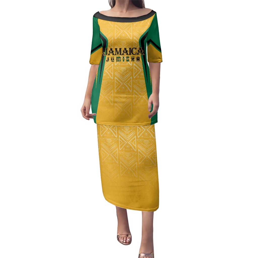 Jamaica Custom Family Matching Puletasi and Hawaiian Shirt Ethnic Motifs - Gold Accents - Wonder Print Shop