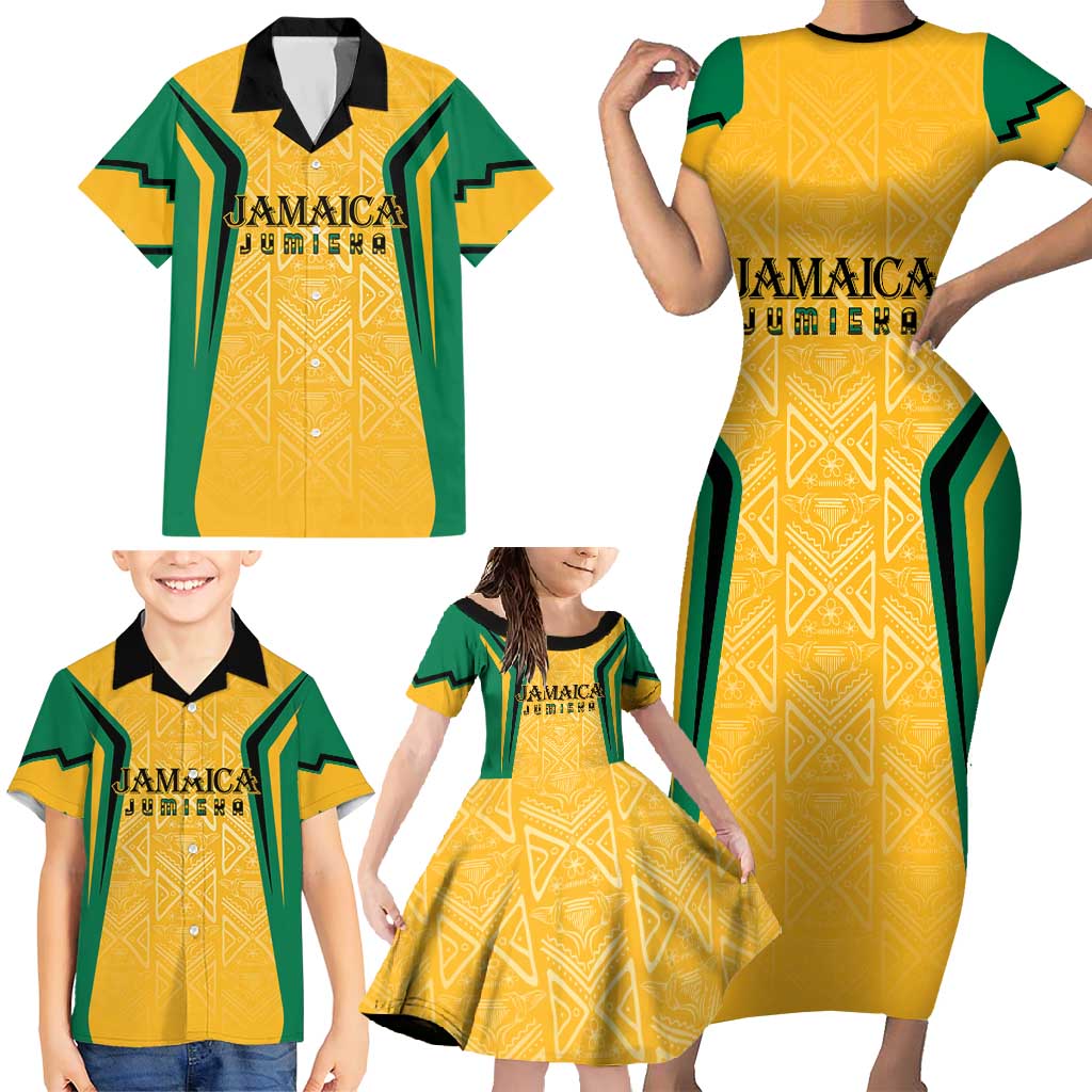 Jamaica Custom Family Matching Short Sleeve Bodycon Dress and Hawaiian Shirt Ethnic Motifs - Gold Accents - Wonder Print Shop