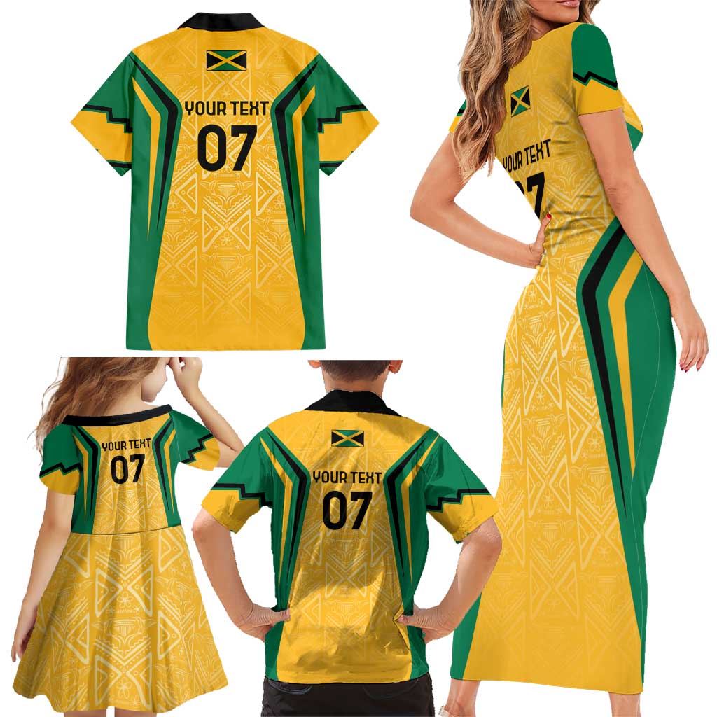 Jamaica Custom Family Matching Short Sleeve Bodycon Dress and Hawaiian Shirt Ethnic Motifs - Gold Accents - Wonder Print Shop
